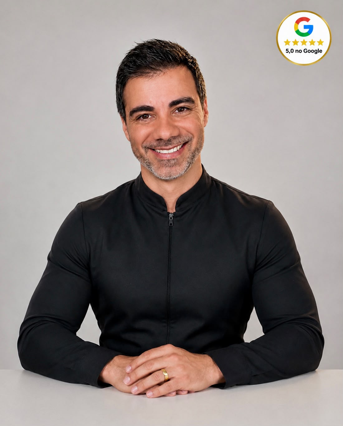 Dr. Ciro Capitani sorrindo de camisa preta em consultório moderno de fundo branco, selo de avaliação 5 estrelas no Google, cirurgião-dentista em Santos