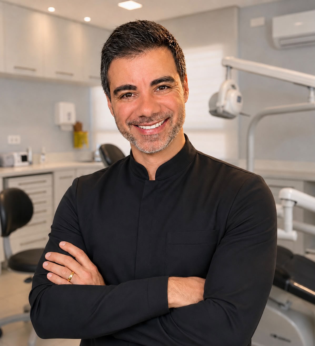 Dr. Ciro Capitani em seu consultório em Santos, SP, com jaleco branco e postura profissional